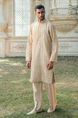 Flaxen Gold Tropical Silk Embroidered Kurta Pajama Set
