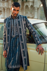 ER - 117 Azure Blue Embroidered Open Sherwani Set