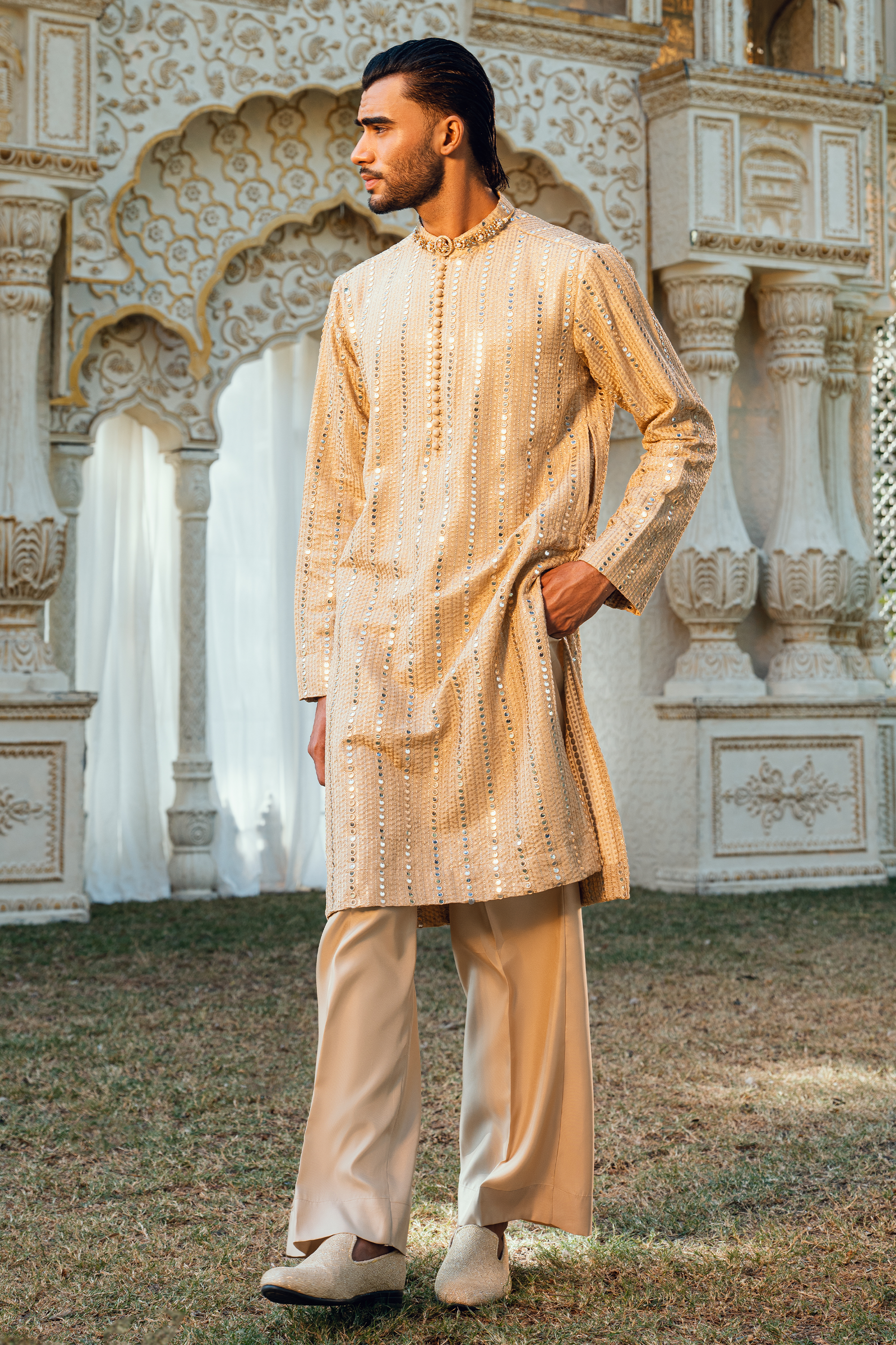 Flaxen Gold Tropical Silk Embroidered Kurta Pajama Set