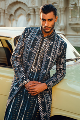 ER - 117 Azure Blue Embroidered Open Sherwani Set