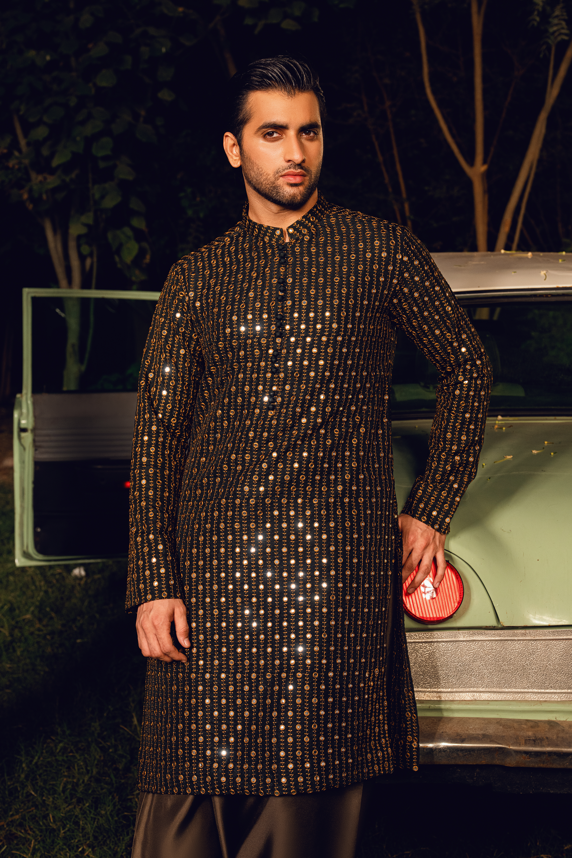 Dark Brown Tropical Silk Embroidered Kurta Farshi Shalwar Set