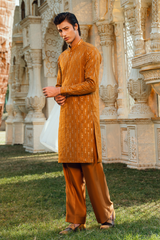 Ochre Mustard & Flaxen Gold Tropical Silk Embroidered Kurta Pajama Set