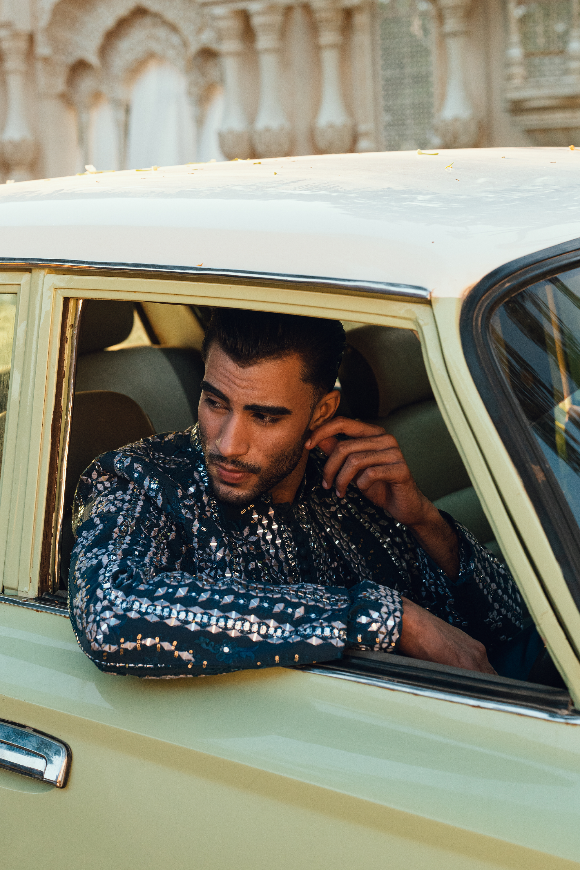 ER - 117 Azure Blue Embroidered Open Sherwani Set