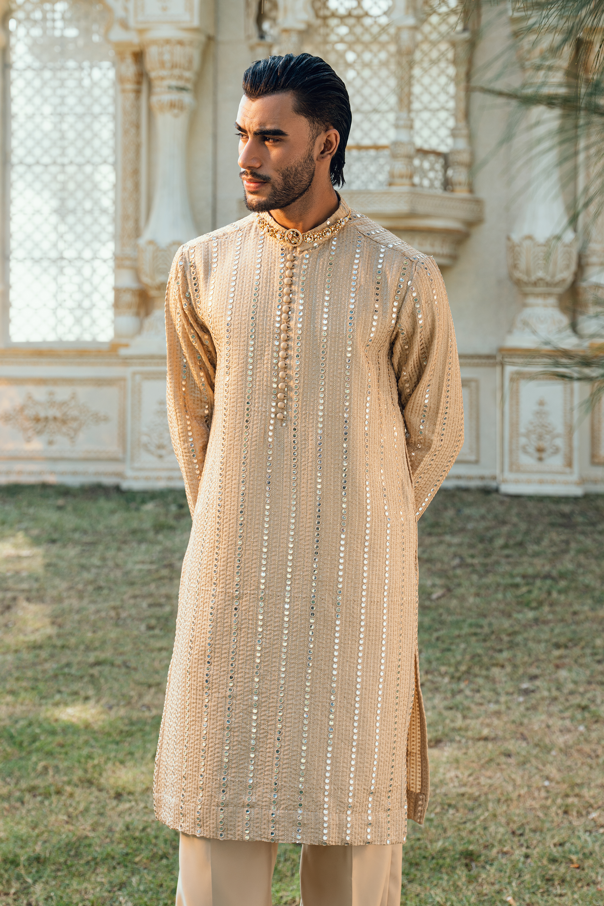 Flaxen Gold Tropical Silk Embroidered Kurta Pajama Set