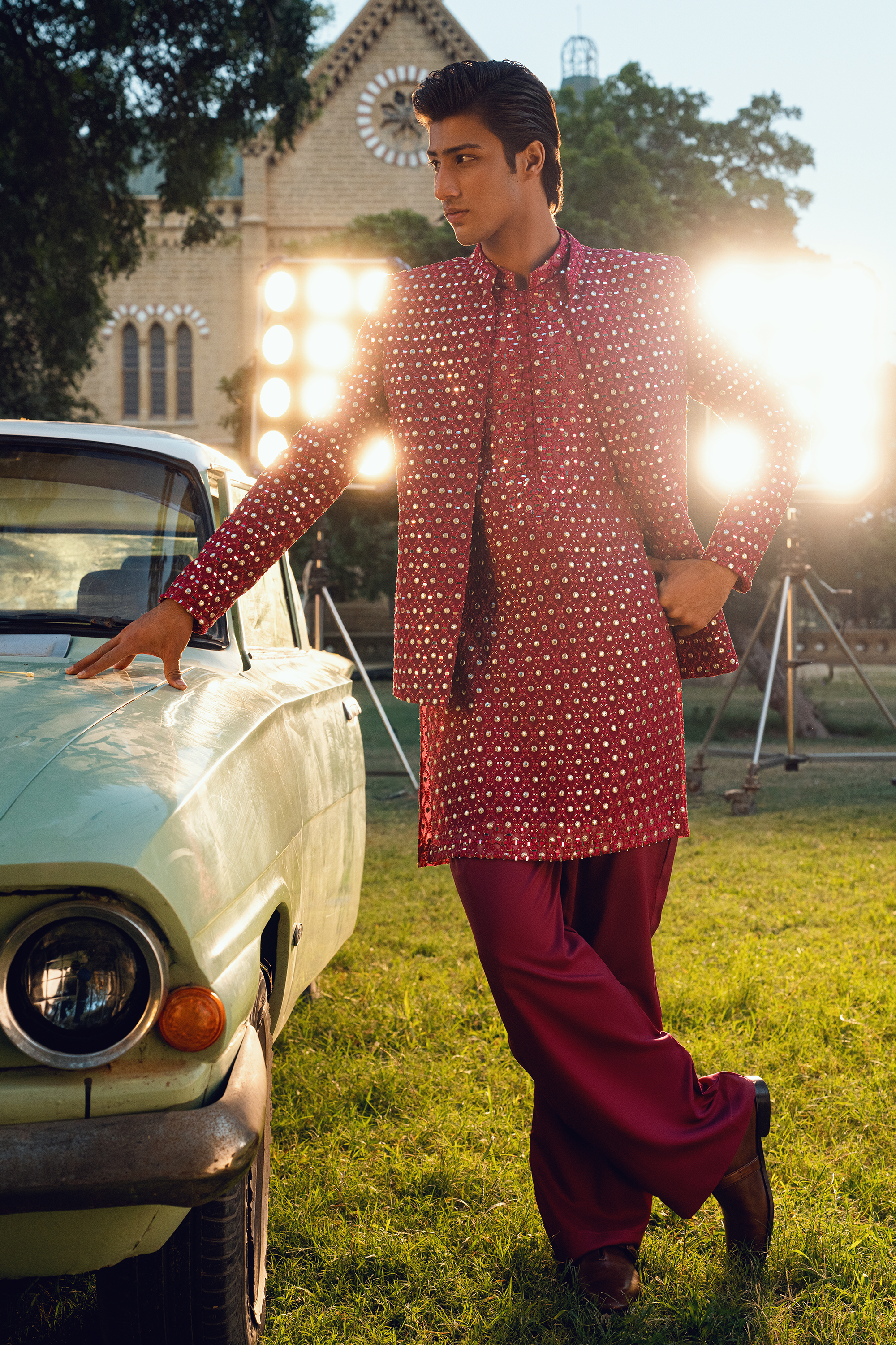 Bright Maroon Embroidered Open Prince Coat Set