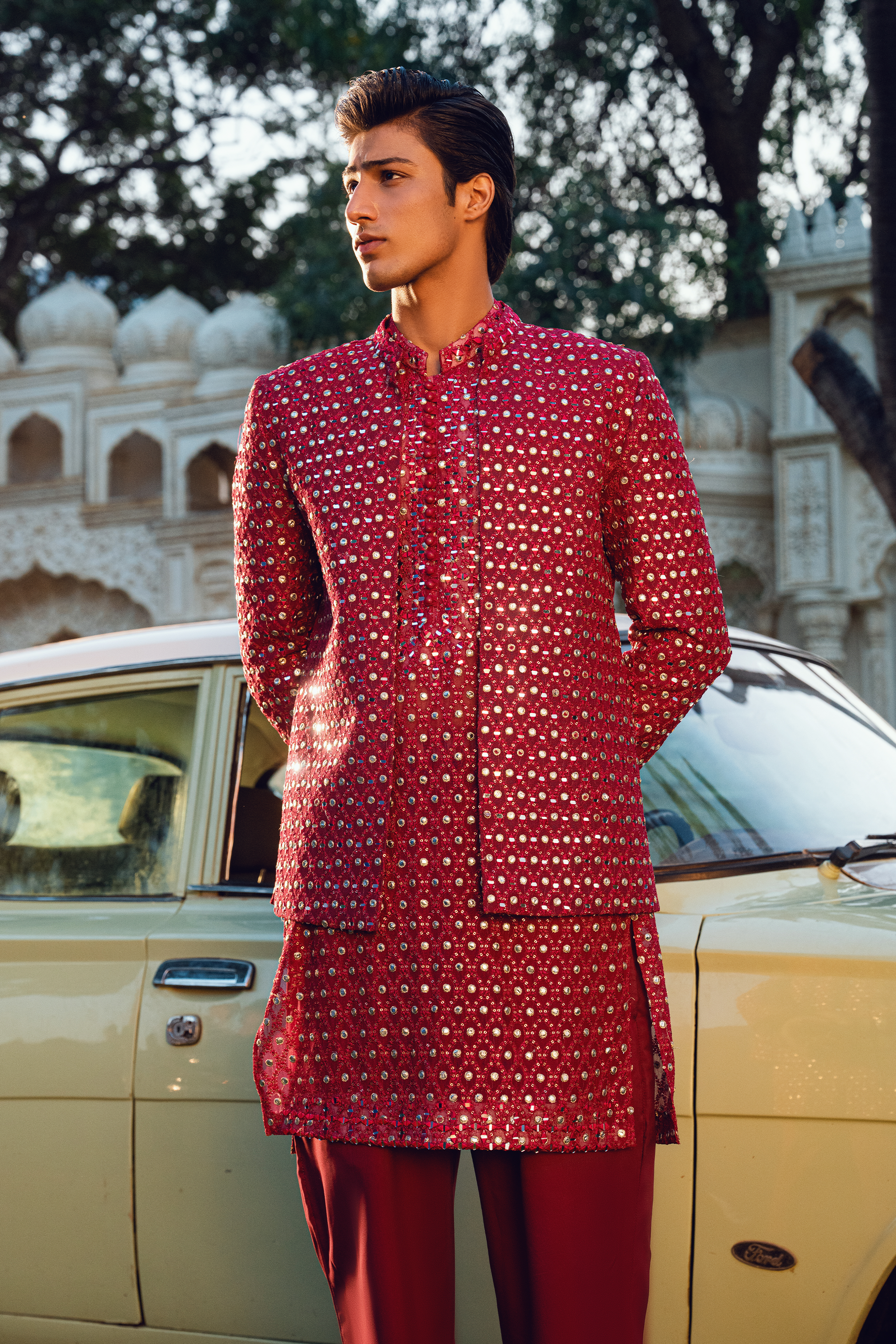 Bright Maroon Embroidered Open Prince Coat Set