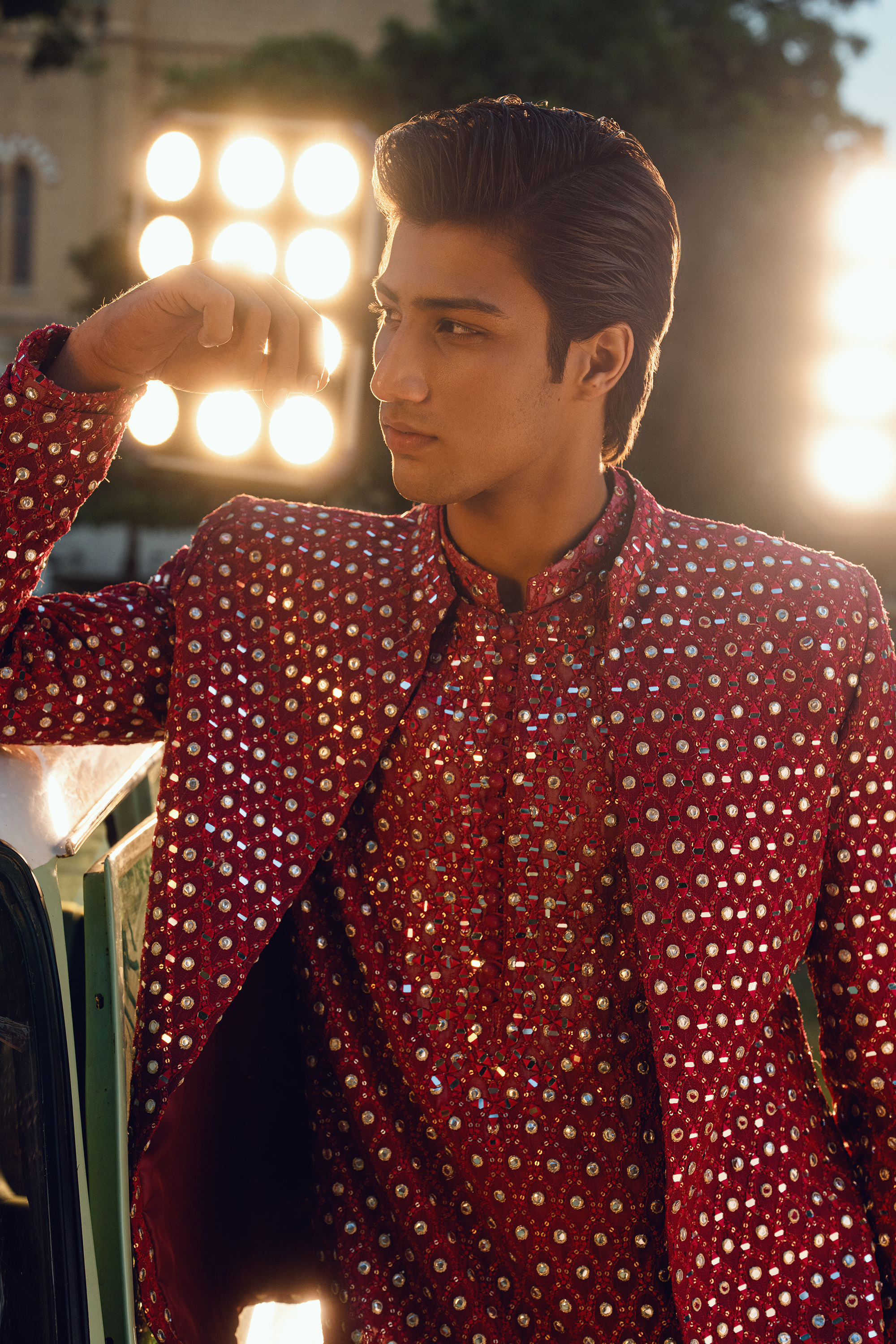 Bright Maroon Embroidered Open Prince Coat Set