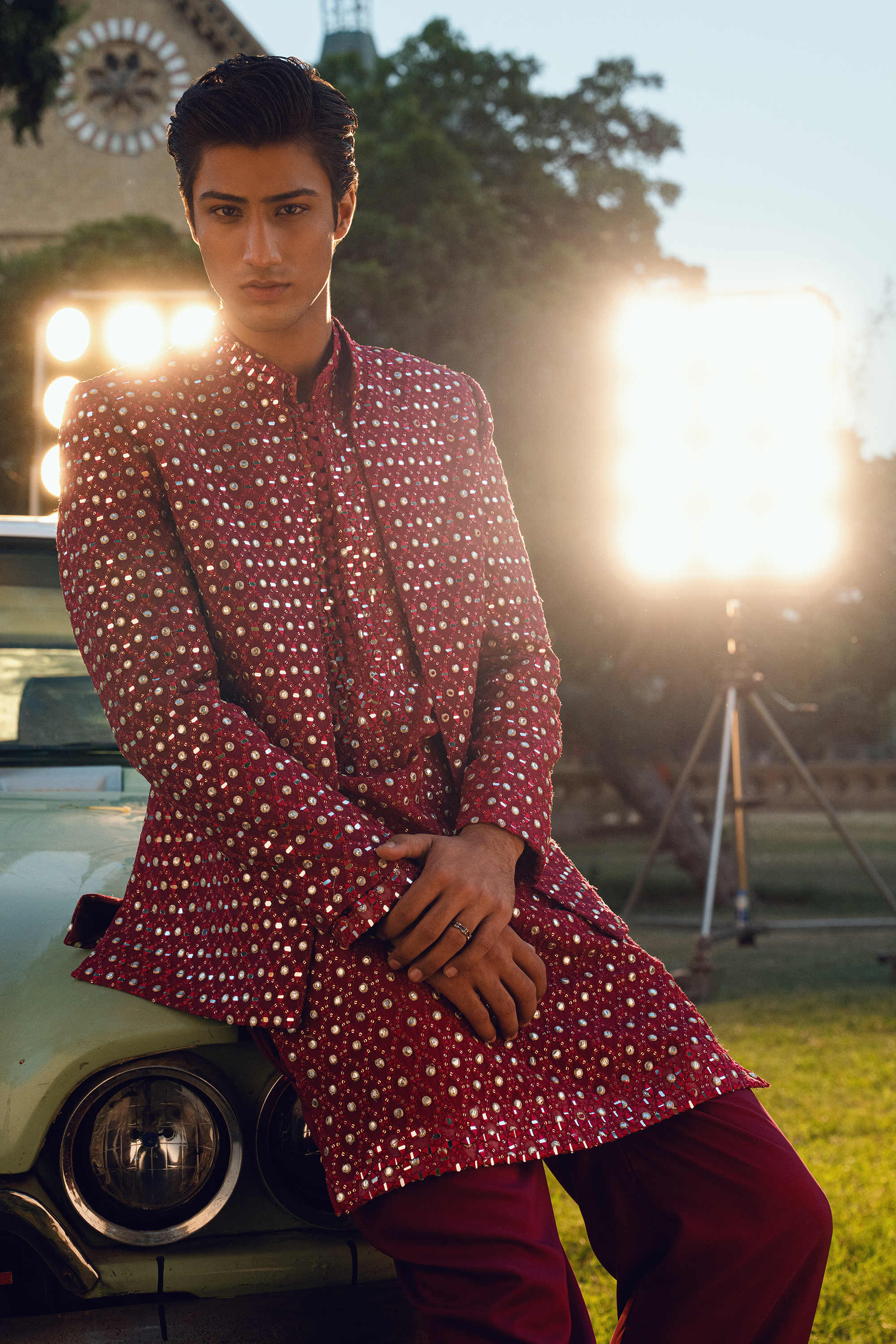 Bright Maroon Embroidered Open Prince Coat Set