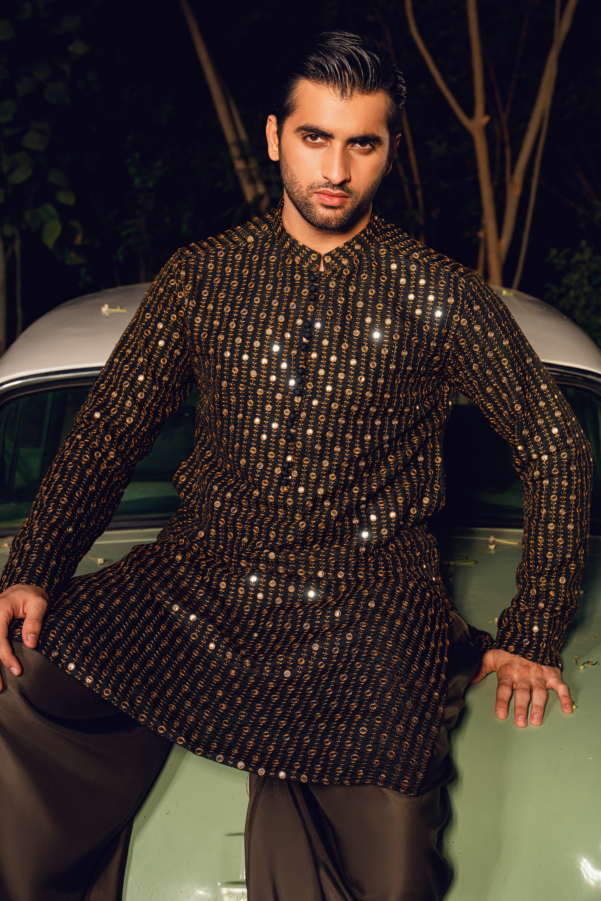 Dark Brown Tropical Silk Embroidered Kurta Farshi Shalwar Set