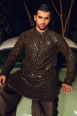 Dark Brown Tropical Silk Embroidered Kurta Farshi Shalwar Set