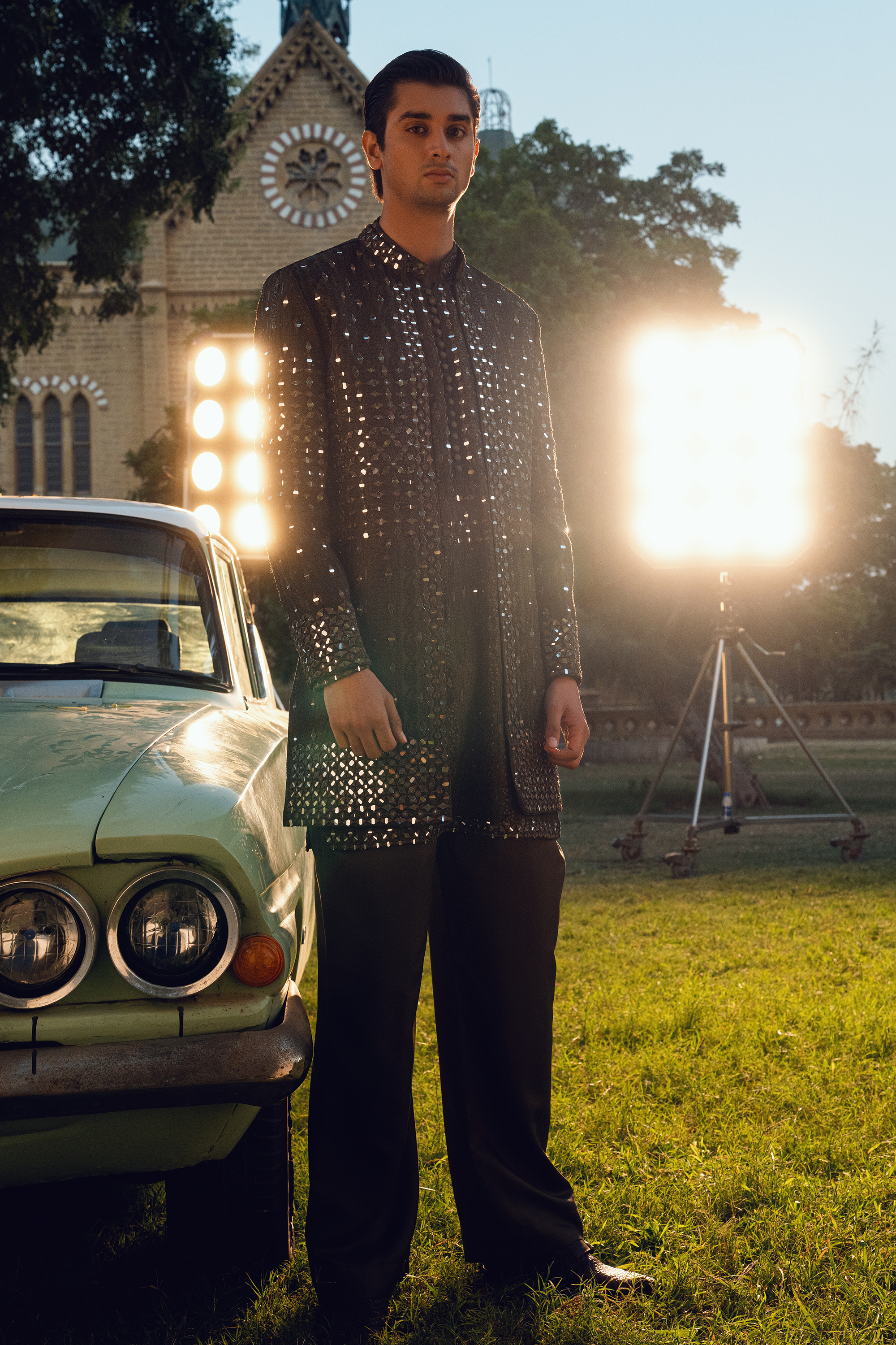 ER - 118 Seaweed Green Embroidered Open Sherwani Set