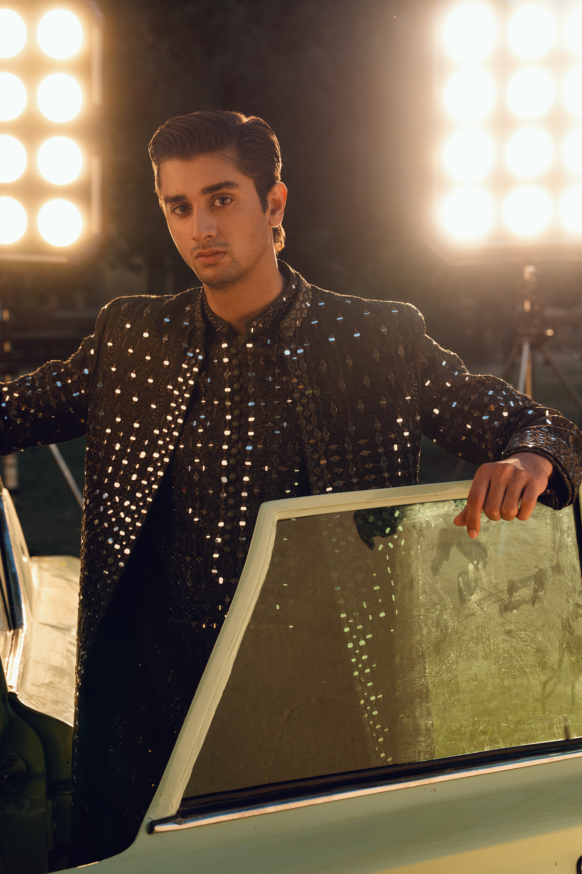 ER - 118 Seaweed Green Embroidered Open Sherwani Set