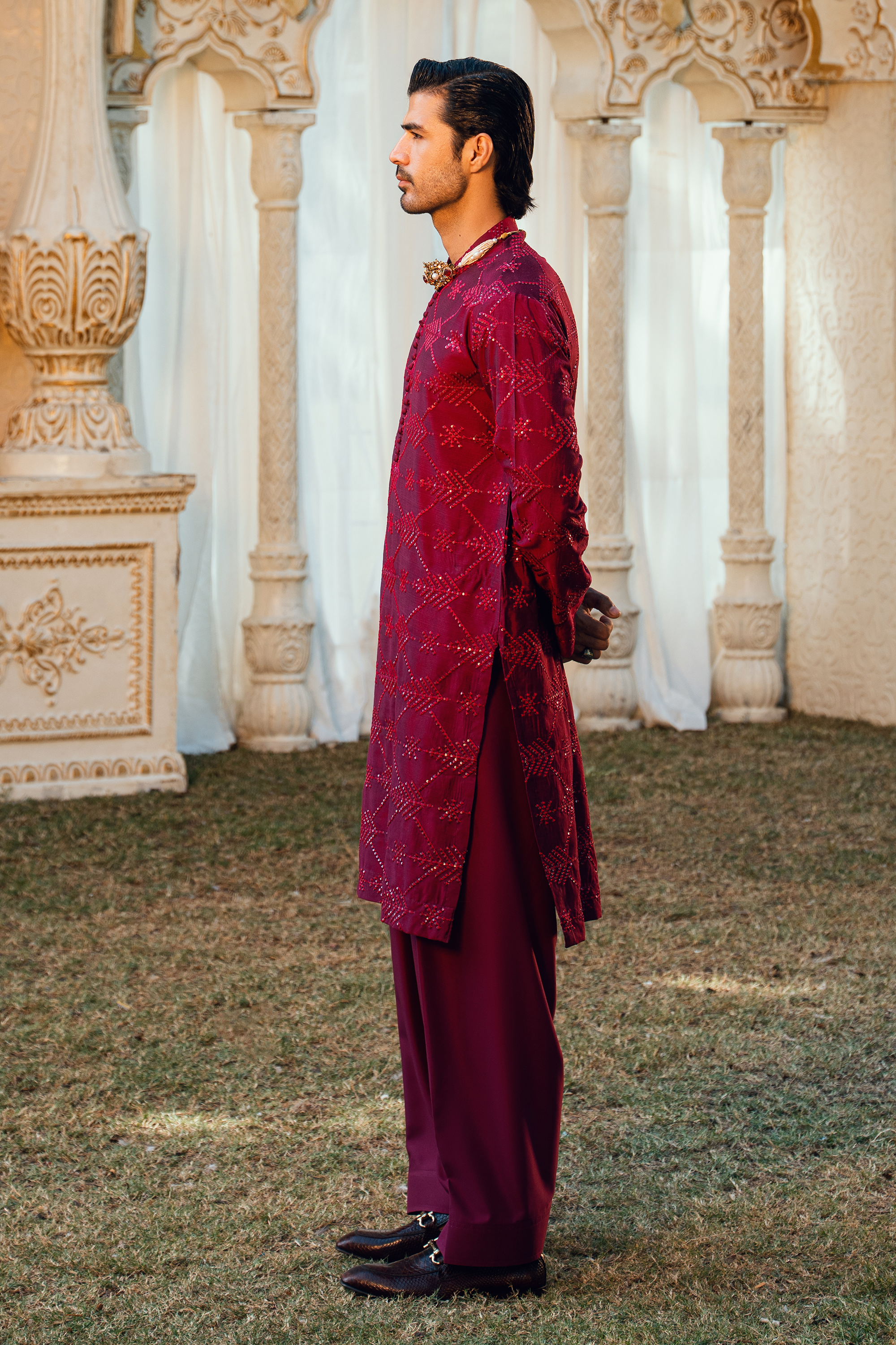 Dark Burgundy Tropical Silk Embroidered Kurta Pajama Set