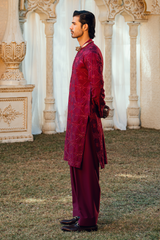 Dark Burgundy Tropical Silk Embroidered Kurta Pajama Set
