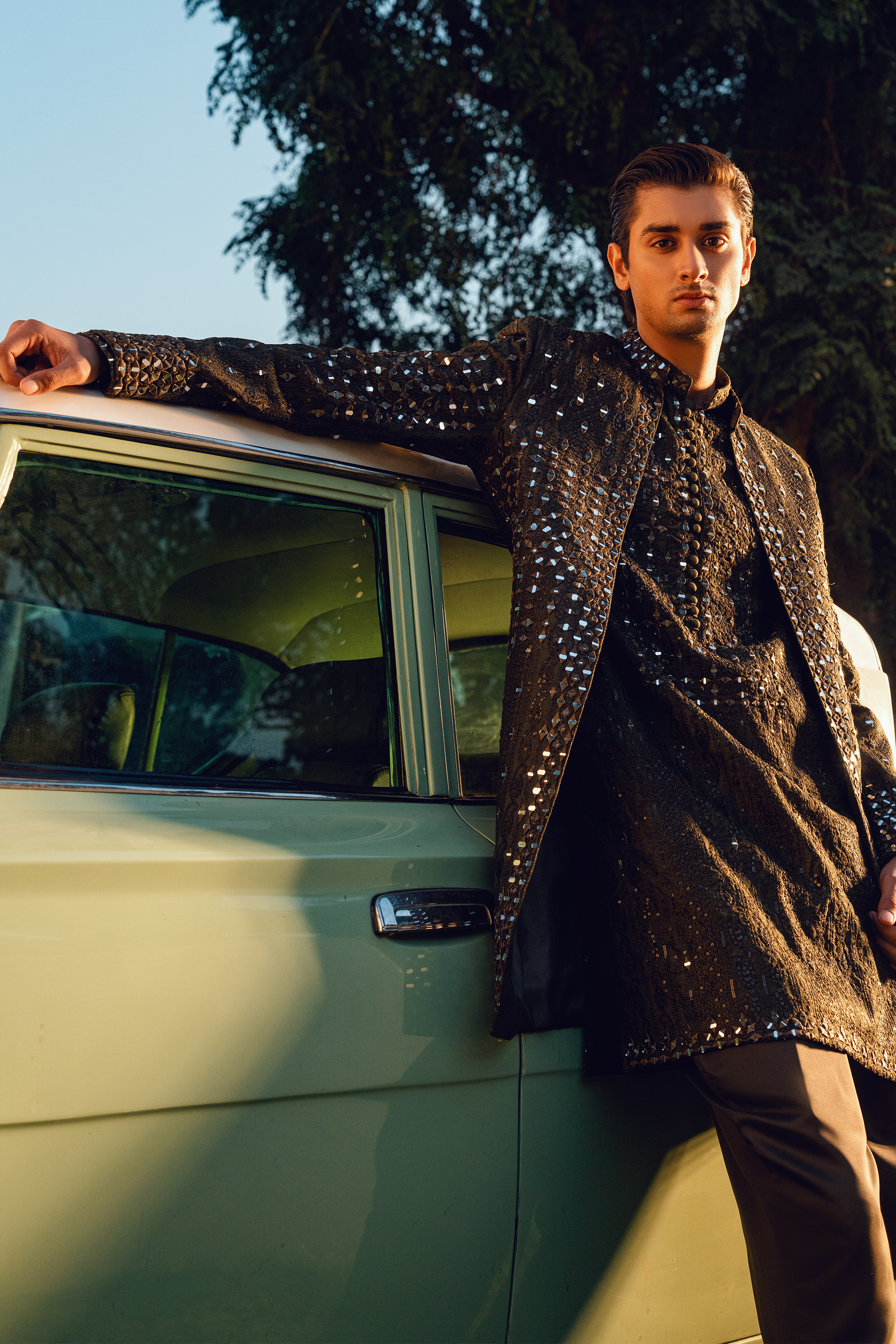 ER - 118 Seaweed Green Embroidered Open Sherwani Set