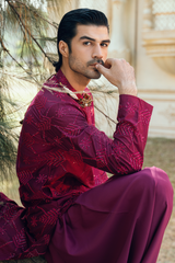 Dark Burgundy Tropical Silk Embroidered Kurta Pajama Set