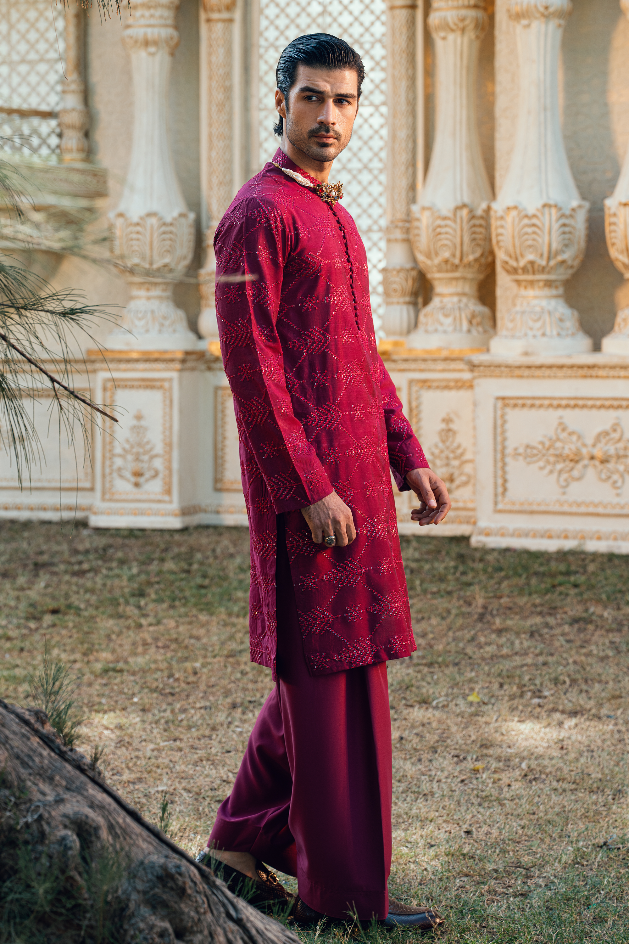 Dark Burgundy Tropical Silk Embroidered Kurta Pajama Set