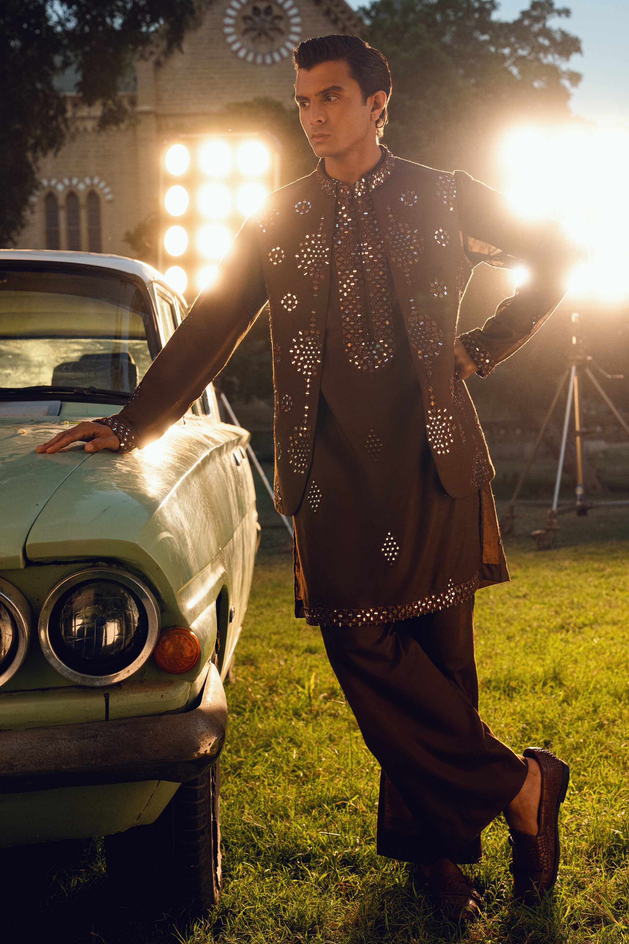 Dark Brown Embroidered Open Waistcoat Set