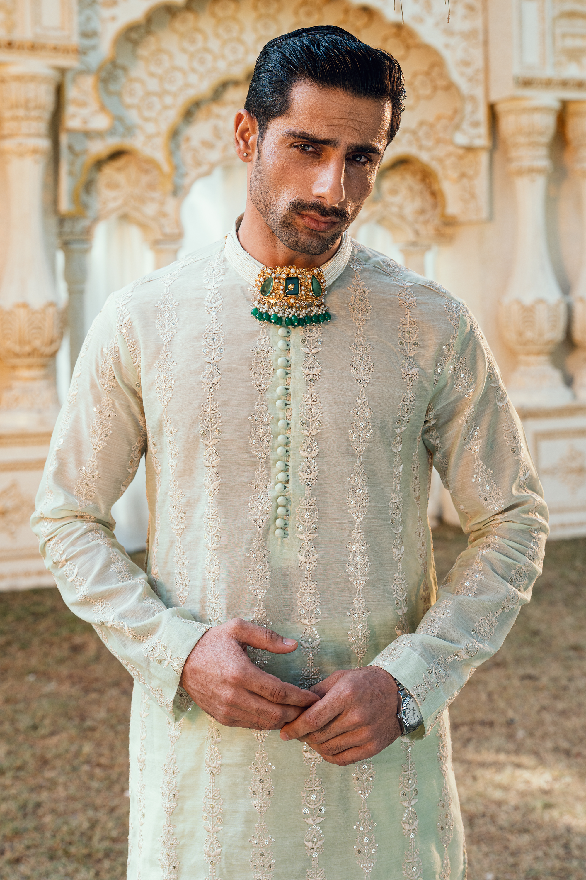 Nyanza Green Tropical Silk Embroidered Kurta Pajama Set