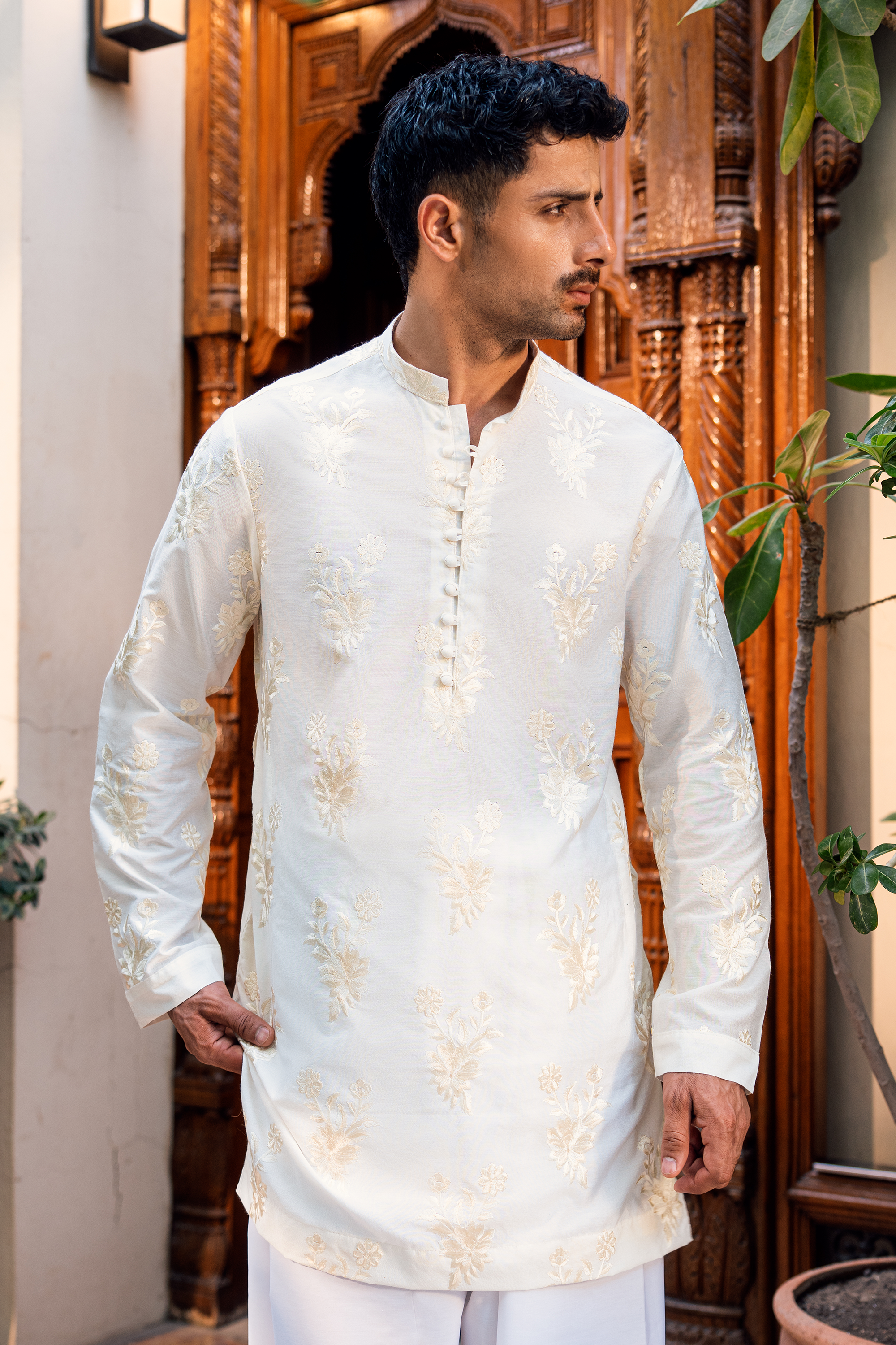 Cream White Embroidered Kurta & Farshi Shalwar Set
