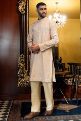 Nude Peach Beige Embroidered Kurta Pajama Set
