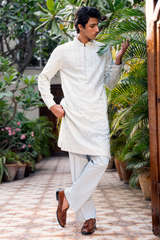 Soft Ivory Blue Embroidered Kurta Pajama Set