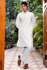 Soft Ivory Blue Embroidered Kurta Pajama Set