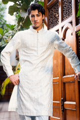 Soft Ivory Blue Embroidered Kurta Pajama Set