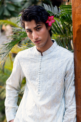 Soft Ivory Blue Embroidered Kurta Pajama Set