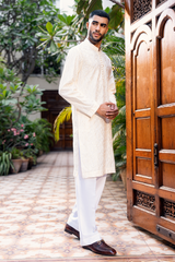 Ivory Beige Embroidered Kurta Pajama Set