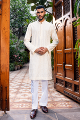 Ivory Beige Embroidered Kurta Pajama Set