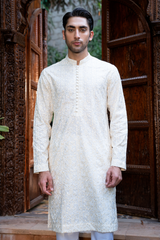Ivory Cream Embroidered Kurta Pajama Set
