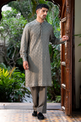 Olive Grey Embroidered Kurta Pajama Set