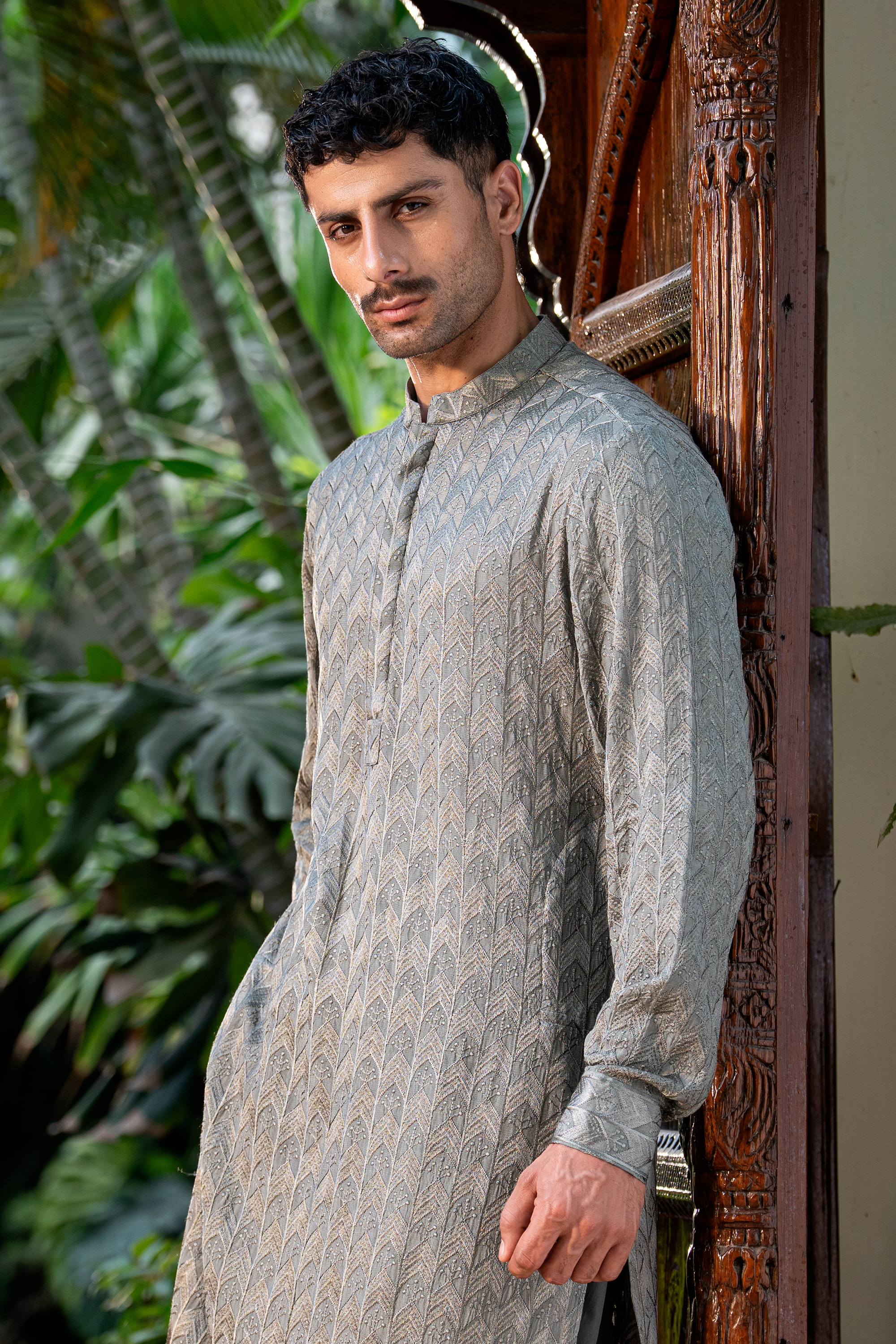 Olive Grey Embroidered Kurta Pajama Set