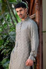 Olive Grey Embroidered Kurta Pajama Set