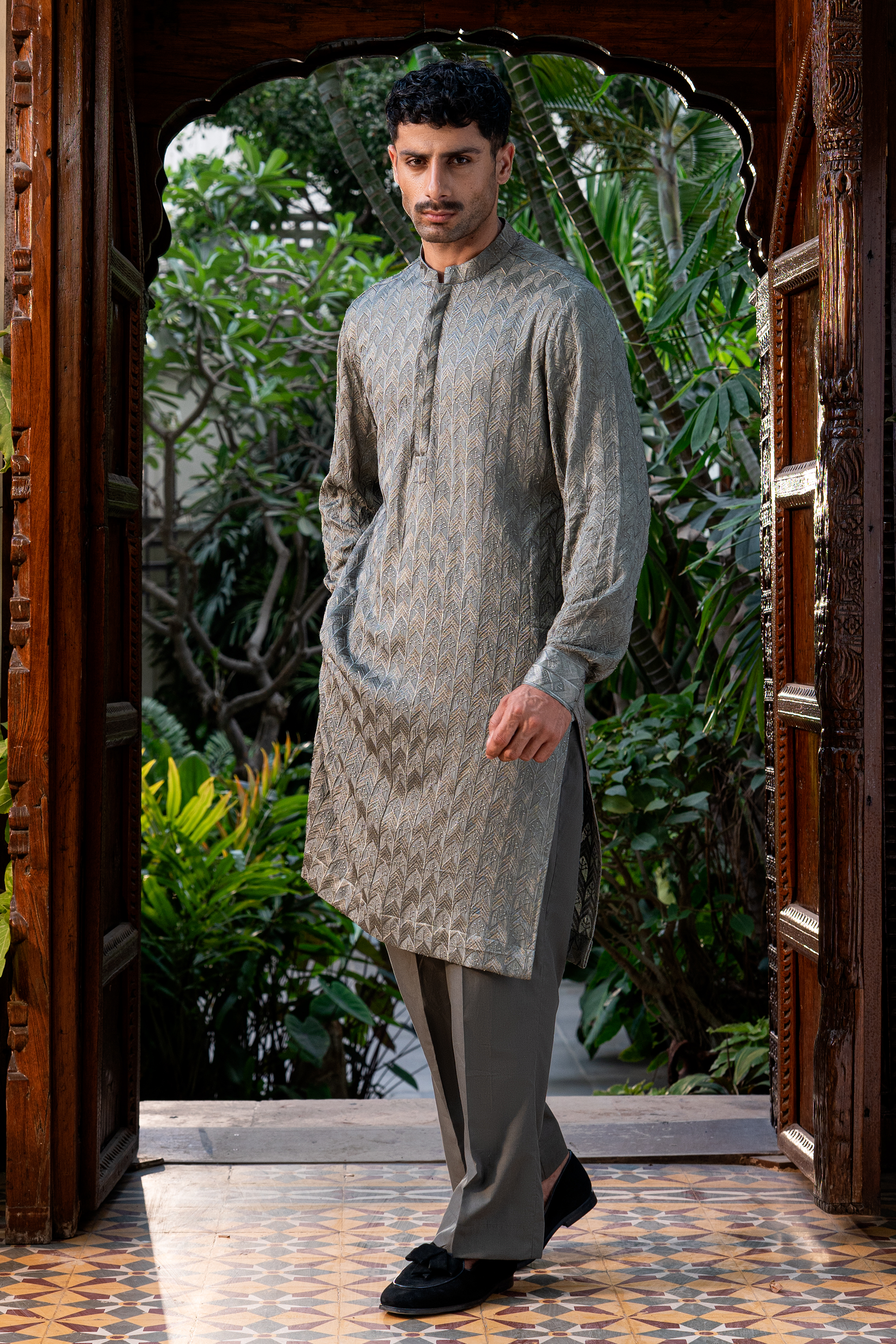 Olive Grey Embroidered Kurta Pajama Set