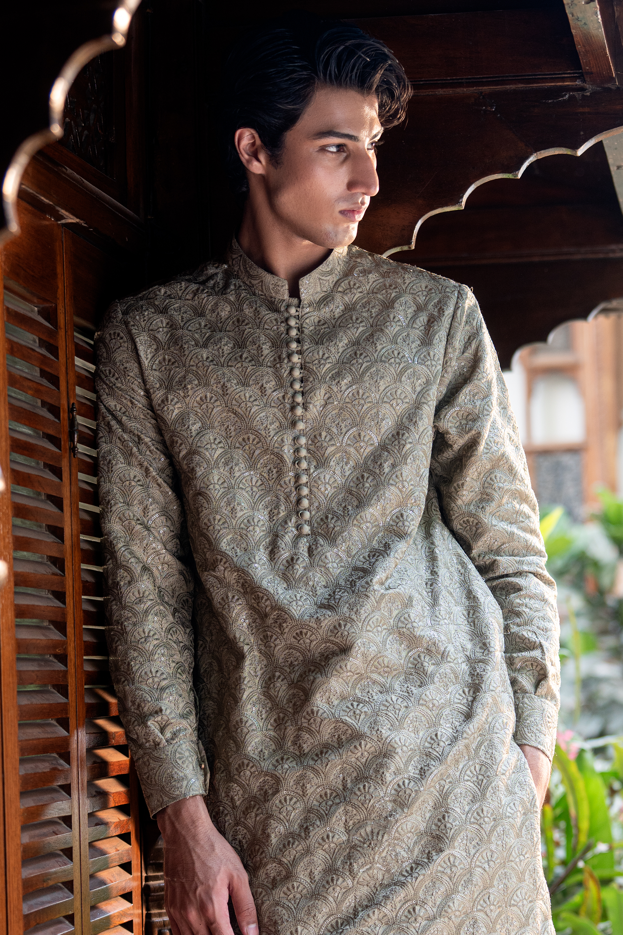 Dusty Olive Green Embroidered Kurta Pajama Set