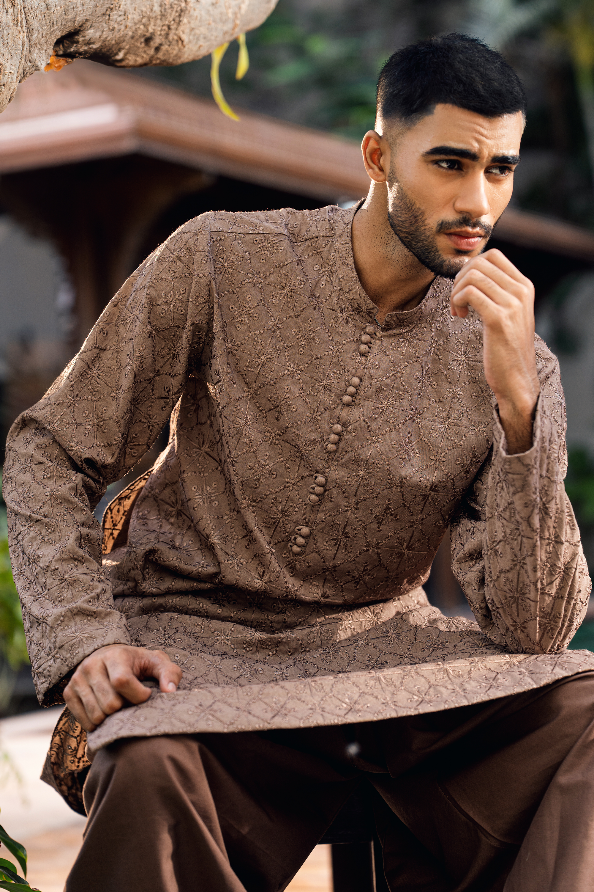 Mocha Brown Embroidered Kurta & Farshi Shalwar Set