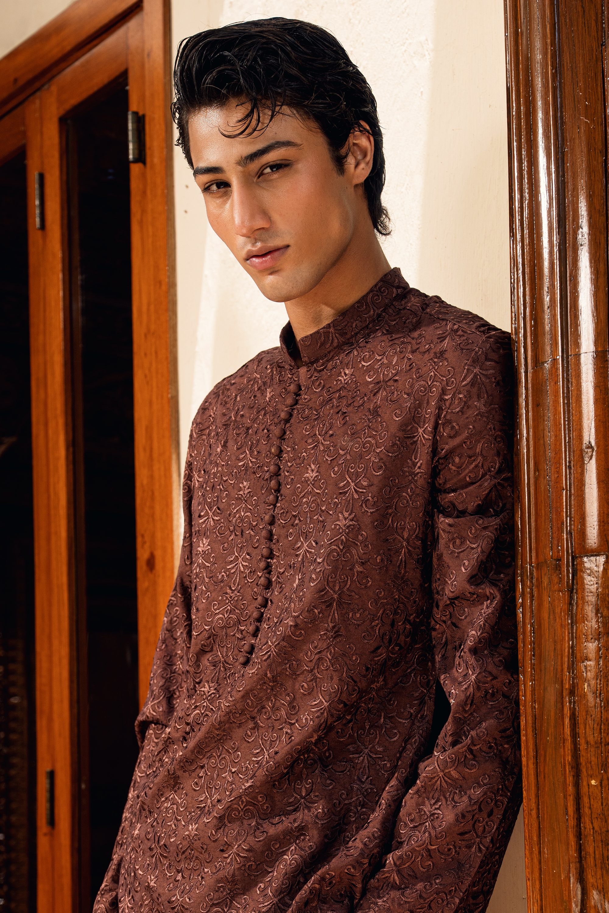 Coffee Brown Embroidered Kurta Pajama Set