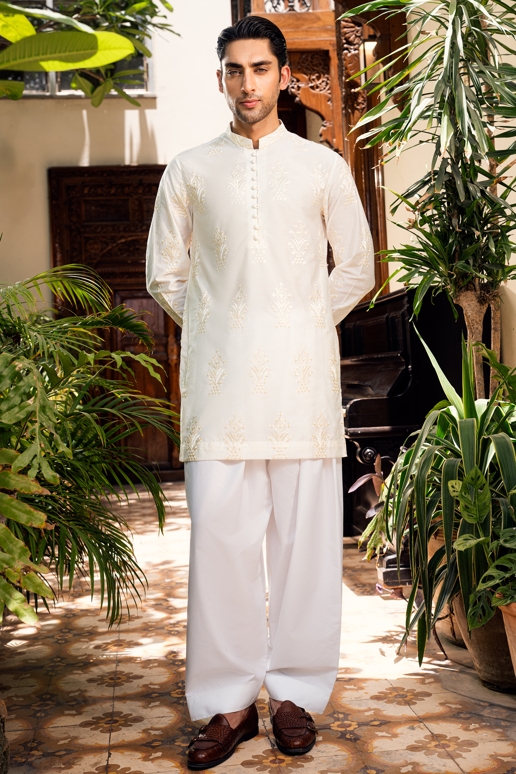 Ivory White Embroidered Kurta & Farshi Shalwar Set