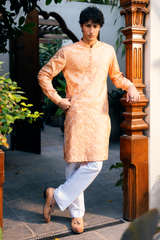 Peach Gold Embroidered Kurta Pajama Set