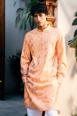 Peach Gold Embroidered Kurta Pajama Set