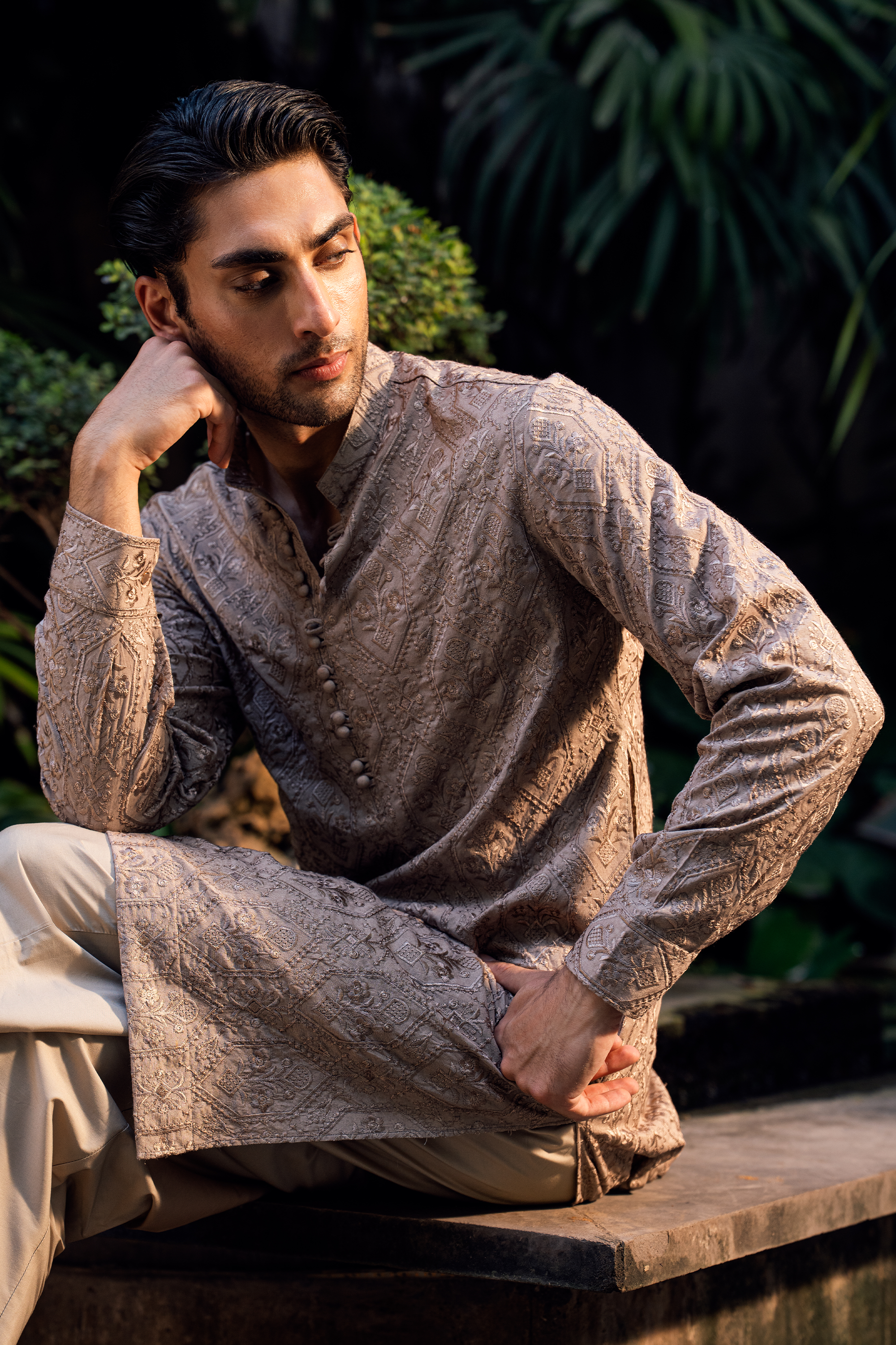 Sand Brown Embroidered Kurta Pajama Set