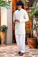 Cream White Embroidered Kurta & Farshi Shalwar Set
