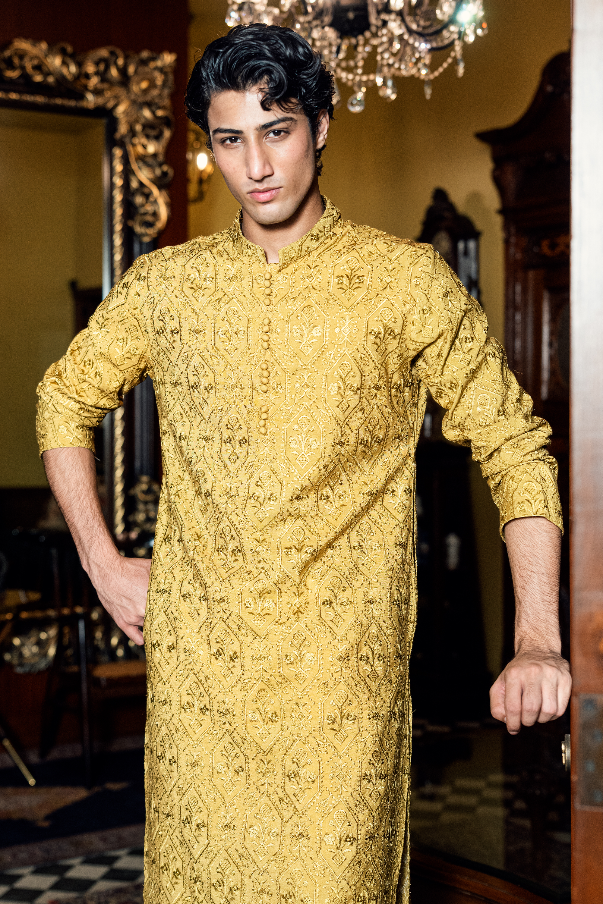 Mustard Gold Embroidered Kurta Pajama Set