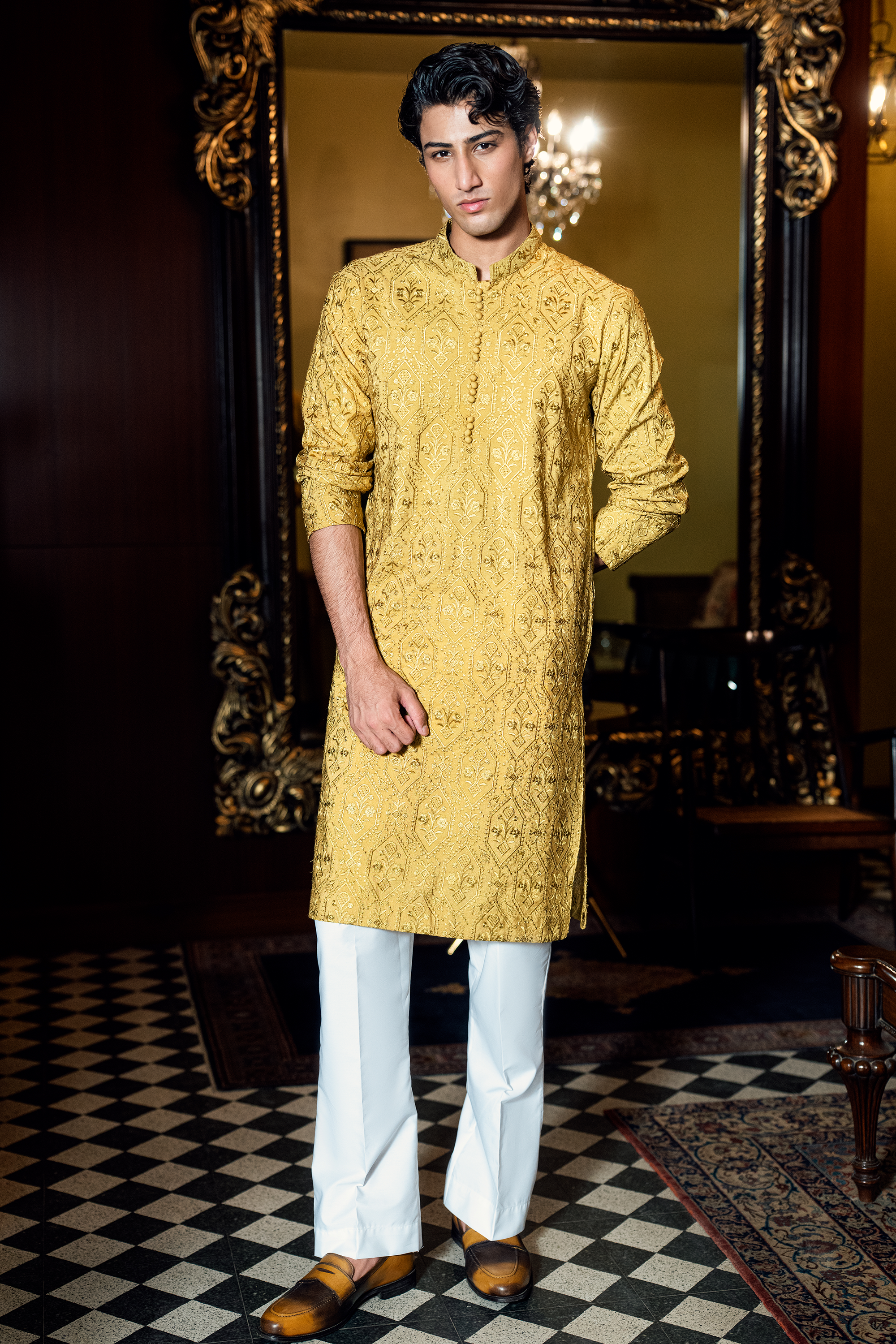 Mustard Gold Embroidered Kurta Pajama Set