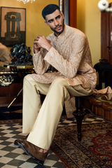 Nude Peach Beige Embroidered Kurta Pajama Set
