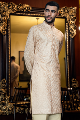 Nude Peach Beige Embroidered Kurta Pajama Set