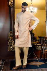 Nude Peach Beige Embroidered Kurta Pajama Set
