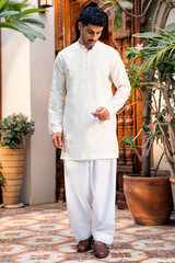 Cream White Embroidered Kurta & Farshi Shalwar Set